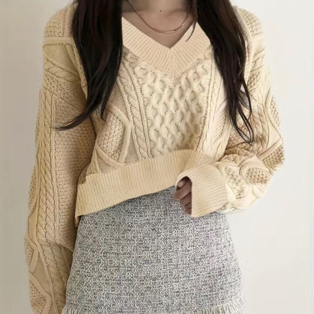Women Crop Sweater Large Apricot Tie Back Long Sleeve V-Neck Stretch Woven Cable